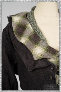 Chevallier Duster Coat in Anchor Grey Wondrous Washed Linen; Chevallier Vest in Seagrass and Anchor Grey Soft Plaid Cotton; Chevallier Trousers in Seagrass Herringbone Twill. Ivey Abitz bespoke clothing.