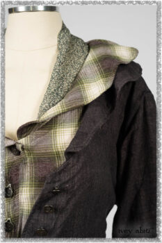 Chevallier Duster Coat in Anchor Grey Wondrous Washed Linen; Chevallier Vest in Seagrass and Anchor Grey Soft Plaid Cotton; Chevallier Trousers in Seagrass Herringbone Twill. Ivey Abitz bespoke clothing.