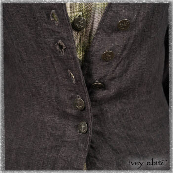 Chevallier Duster Coat in Anchor Grey Wondrous Washed Linen; Chevallier Vest in Seagrass and Anchor Grey Soft Plaid Cotton; Chevallier Trousers in Seagrass Herringbone Twill. Ivey Abitz bespoke clothing.