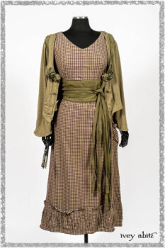 Saint Ans Jacket in Woodlawn Melange Knit; Porte Cochere Sash in Seagrass Crushed Cotton; Gabled Frock in Plum Tree and Woodlawn Check Cotton. Ivey Abitz bespoke clothing.