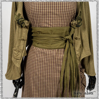 Saint Ans Jacket in Woodlawn Melange Knit; Porte Cochere Sash in Seagrass Crushed Cotton; Gabled Frock in Plum Tree and Woodlawn Check Cotton. Ivey Abitz bespoke clothing.