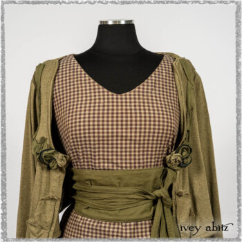 Saint Ans Jacket in Woodlawn Melange Knit; Porte Cochere Sash in Seagrass Crushed Cotton; Gabled Frock in Plum Tree and Woodlawn Check Cotton. Ivey Abitz bespoke clothing.
