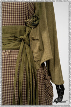 Saint Ans Jacket in Woodlawn Melange Knit; Porte Cochere Sash in Seagrass Crushed Cotton; Gabled Frock in Plum Tree and Woodlawn Check Cotton. Ivey Abitz bespoke clothing.
