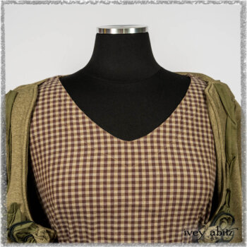 Saint Ans Jacket in Woodlawn Melange Knit; Porte Cochere Sash in Seagrass Crushed Cotton; Gabled Frock in Plum Tree and Woodlawn Check Cotton. Ivey Abitz bespoke clothing.