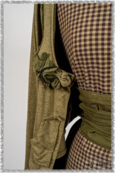 Saint Ans Jacket in Woodlawn Melange Knit; Porte Cochere Sash in Seagrass Crushed Cotton; Gabled Frock in Plum Tree and Woodlawn Check Cotton. Ivey Abitz bespoke clothing.