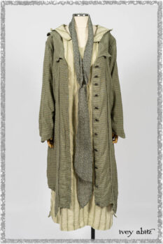 Vanetten Duster Coat in Seagrass Petite Check Linen; Blanchefleur Sash in Pointillism Silk Chiffon; Vanetten Frock in Seagrass Washed Stripe Linen. Ivey Abitz bespoke clothing.