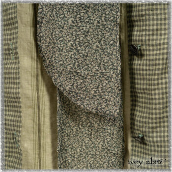 Vanetten Duster Coat in Seagrass Petite Check Linen; Blanchefleur Sash in Pointillism Silk Chiffon; Vanetten Frock in Seagrass Washed Stripe Linen. Ivey Abitz bespoke clothing.