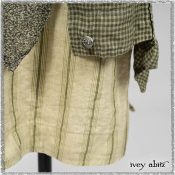 Vanetten Duster Coat in Seagrass Petite Check Linen; Blanchefleur Sash in Pointillism Silk Chiffon; Vanetten Frock in Seagrass Washed Stripe Linen. Ivey Abitz bespoke clothing.