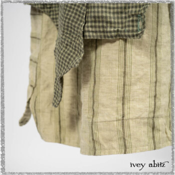 Vanetten Duster Coat in Seagrass Petite Check Linen; Blanchefleur Sash in Pointillism Silk Chiffon; Vanetten Frock in Seagrass Washed Stripe Linen. Ivey Abitz bespoke clothing.