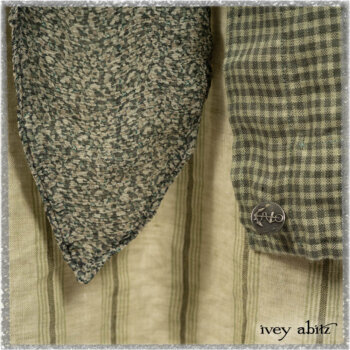 Vanetten Duster Coat in Seagrass Petite Check Linen; Blanchefleur Sash in Pointillism Silk Chiffon; Vanetten Frock in Seagrass Washed Stripe Linen. Ivey Abitz bespoke clothing.