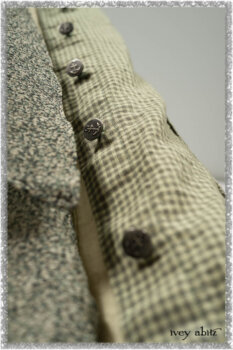 Vanetten Duster Coat in Seagrass Petite Check Linen; Blanchefleur Sash in Pointillism Silk Chiffon; Vanetten Frock in Seagrass Washed Stripe Linen. Ivey Abitz bespoke clothing.