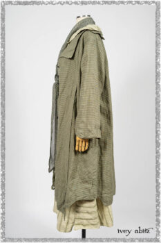 Vanetten Duster Coat in Seagrass Petite Check Linen; Blanchefleur Sash in Pointillism Silk Chiffon; Vanetten Frock in Seagrass Washed Stripe Linen. Ivey Abitz bespoke clothing.