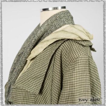 Vanetten Duster Coat in Seagrass Petite Check Linen; Blanchefleur Sash in Pointillism Silk Chiffon; Vanetten Frock in Seagrass Washed Stripe Linen. Ivey Abitz bespoke clothing.