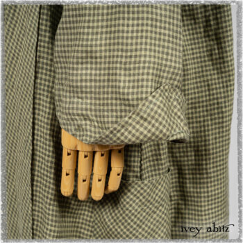 Vanetten Duster Coat in Seagrass Petite Check Linen; Blanchefleur Sash in Pointillism Silk Chiffon; Vanetten Frock in Seagrass Washed Stripe Linen. Ivey Abitz bespoke clothing.