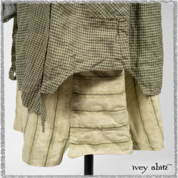 Vanetten Duster Coat in Seagrass Petite Check Linen; Blanchefleur Sash in Pointillism Silk Chiffon; Vanetten Frock in Seagrass Washed Stripe Linen. Ivey Abitz bespoke clothing.