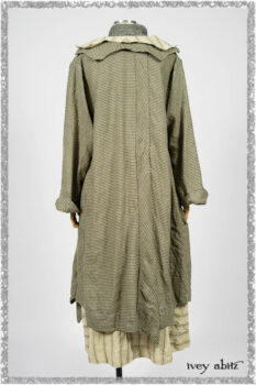 Vanetten Duster Coat in Seagrass Petite Check Linen; Blanchefleur Sash in Pointillism Silk Chiffon; Vanetten Frock in Seagrass Washed Stripe Linen. Ivey Abitz bespoke clothing.
