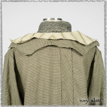 Vanetten Duster Coat in Seagrass Petite Check Linen; Blanchefleur Sash in Pointillism Silk Chiffon; Vanetten Frock in Seagrass Washed Stripe Linen. Ivey Abitz bespoke clothing.