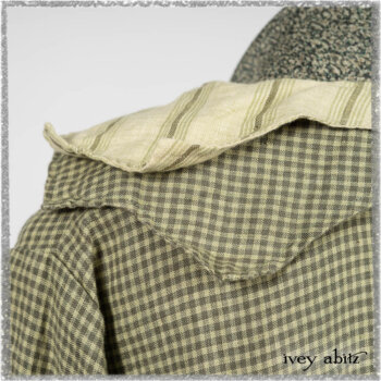 Vanetten Duster Coat in Seagrass Petite Check Linen; Blanchefleur Sash in Pointillism Silk Chiffon; Vanetten Frock in Seagrass Washed Stripe Linen. Ivey Abitz bespoke clothing.