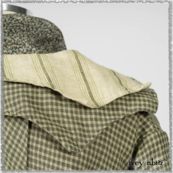 Vanetten Duster Coat in Seagrass Petite Check Linen; Blanchefleur Sash in Pointillism Silk Chiffon; Vanetten Frock in Seagrass Washed Stripe Linen. Ivey Abitz bespoke clothing.