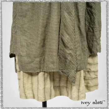 Vanetten Duster Coat in Seagrass Petite Check Linen; Blanchefleur Sash in Pointillism Silk Chiffon; Vanetten Frock in Seagrass Washed Stripe Linen. Ivey Abitz bespoke clothing.