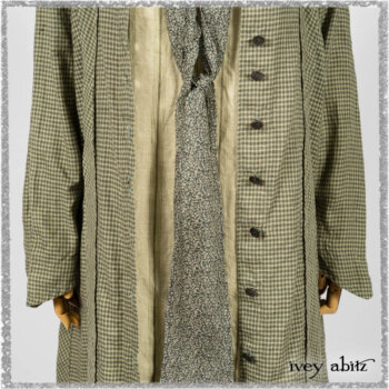 Vanetten Duster Coat in Seagrass Petite Check Linen; Blanchefleur Sash in Pointillism Silk Chiffon; Vanetten Frock in Seagrass Washed Stripe Linen. Ivey Abitz bespoke clothing.