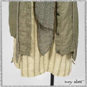 Vanetten Duster Coat in Seagrass Petite Check Linen; Blanchefleur Sash in Pointillism Silk Chiffon; Vanetten Frock in Seagrass Washed Stripe Linen. Ivey Abitz bespoke clothing.