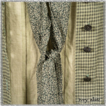 Vanetten Duster Coat in Seagrass Petite Check Linen; Blanchefleur Sash in Pointillism Silk Chiffon; Vanetten Frock in Seagrass Washed Stripe Linen. Ivey Abitz bespoke clothing.