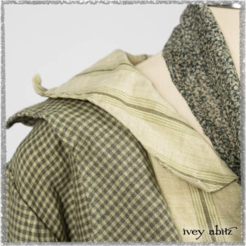 Vanetten Duster Coat in Seagrass Petite Check Linen; Blanchefleur Sash in Pointillism Silk Chiffon; Vanetten Frock in Seagrass Washed Stripe Linen. Ivey Abitz bespoke clothing.