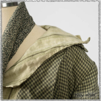 Vanetten Duster Coat in Seagrass Petite Check Linen; Blanchefleur Sash in Pointillism Silk Chiffon; Vanetten Frock in Seagrass Washed Stripe Linen. Ivey Abitz bespoke clothing.