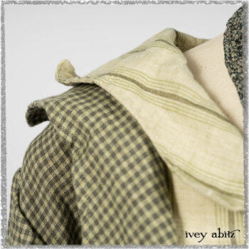 Vanetten Duster Coat in Seagrass Petite Check Linen; Blanchefleur Sash in Pointillism Silk Chiffon; Vanetten Frock in Seagrass Washed Stripe Linen. Ivey Abitz bespoke clothing.