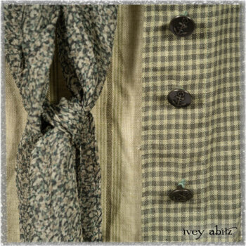 Vanetten Duster Coat in Seagrass Petite Check Linen; Blanchefleur Sash in Pointillism Silk Chiffon; Vanetten Frock in Seagrass Washed Stripe Linen. Ivey Abitz bespoke clothing.