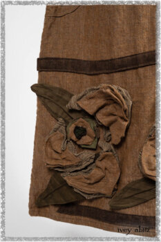 Saint Ans jacket in Woodlawn Melange Knit; Saint Ans Frock in Chestnut Tree Wondrous Washed Linen with mix of sculptural details in rare weaves. Ivey Abitz bespoke clothing.