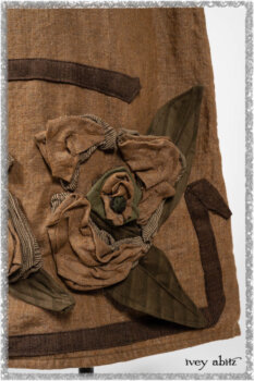 Saint Ans jacket in Woodlawn Melange Knit; Saint Ans Frock in Chestnut Tree Wondrous Washed Linen with mix of sculptural details in rare weaves. Ivey Abitz bespoke clothing.