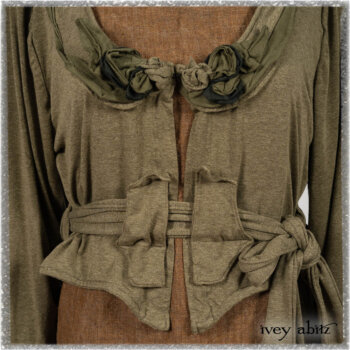 Saint Ans jacket in Woodlawn Melange Knit; Saint Ans Frock in Chestnut Tree Wondrous Washed Linen with mix of sculptural details in rare weaves. Ivey Abitz bespoke clothing.