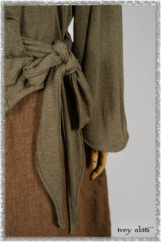 Saint Ans jacket in Woodlawn Melange Knit; Saint Ans Frock in Chestnut Tree Wondrous Washed Linen with mix of sculptural details in rare weaves. Ivey Abitz bespoke clothing.