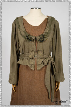 Saint Ans jacket in Woodlawn Melange Knit; Saint Ans Frock in Chestnut Tree Wondrous Washed Linen with mix of sculptural details in rare weaves. Ivey Abitz bespoke clothing.