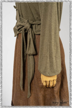 Saint Ans jacket in Woodlawn Melange Knit; Saint Ans Frock in Chestnut Tree Wondrous Washed Linen with mix of sculptural details in rare weaves. Ivey Abitz bespoke clothing.