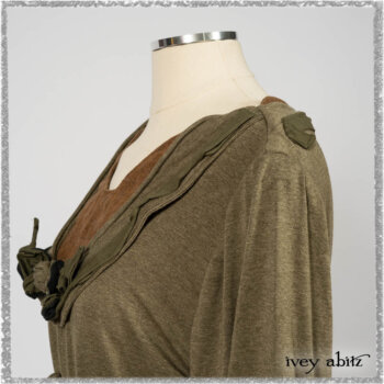 Saint Ans jacket in Woodlawn Melange Knit; Saint Ans Frock in Chestnut Tree Wondrous Washed Linen with mix of sculptural details in rare weaves. Ivey Abitz bespoke clothing.