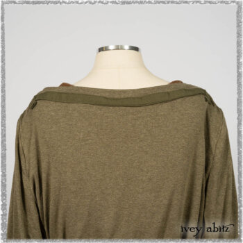 Saint Ans jacket in Woodlawn Melange Knit; Saint Ans Frock in Chestnut Tree Wondrous Washed Linen with mix of sculptural details in rare weaves. Ivey Abitz bespoke clothing.