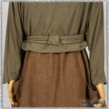 Saint Ans jacket in Woodlawn Melange Knit; Saint Ans Frock in Chestnut Tree Wondrous Washed Linen with mix of sculptural details in rare weaves. Ivey Abitz bespoke clothing.