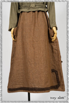 Saint Ans jacket in Woodlawn Melange Knit; Saint Ans Frock in Chestnut Tree Wondrous Washed Linen with mix of sculptural details in rare weaves. Ivey Abitz bespoke clothing.