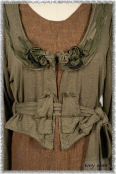 Saint Ans jacket in Woodlawn Melange Knit; Saint Ans Frock in Chestnut Tree Wondrous Washed Linen with mix of sculptural details in rare weaves. Ivey Abitz bespoke clothing.