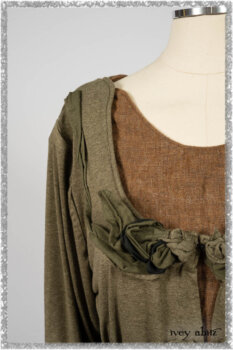 Saint Ans jacket in Woodlawn Melange Knit; Saint Ans Frock in Chestnut Tree Wondrous Washed Linen with mix of sculptural details in rare weaves. Ivey Abitz bespoke clothing.