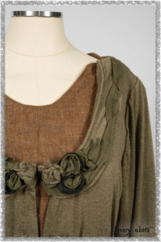 Saint Ans jacket in Woodlawn Melange Knit; Saint Ans Frock in Chestnut Tree Wondrous Washed Linen with mix of sculptural details in rare weaves. Ivey Abitz bespoke clothing.