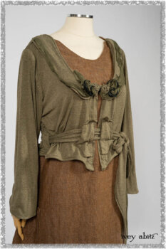 Saint Ans jacket in Woodlawn Melange Knit; Saint Ans Frock in Chestnut Tree Wondrous Washed Linen with mix of sculptural details in rare weaves. Ivey Abitz bespoke clothing.