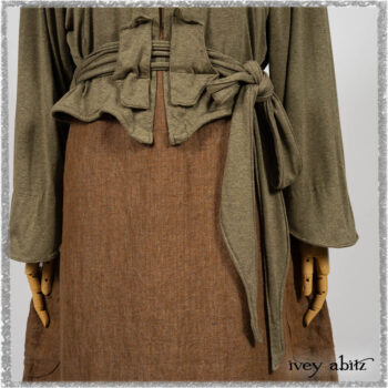 Saint Ans jacket in Woodlawn Melange Knit; Saint Ans Frock in Chestnut Tree Wondrous Washed Linen with mix of sculptural details in rare weaves. Ivey Abitz bespoke clothing.