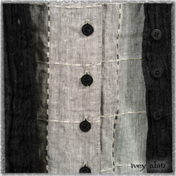 Mewland Jacket in Black Washed Crinkled Linen; Clotaire Sash in Ethereal Cream and Black Fleur Stretch Cotton; Mewland Vest in Beacon Black Embroidered Plaid on Petite Stripe; Mewland Skirt in Black Washed Crinkled Linen. Ivey Abitz bespoke clothing.