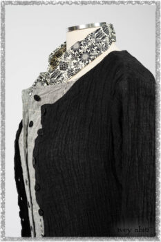 Mewland Jacket in Black Washed Crinkled Linen; Clotaire Sash in Ethereal Cream and Black Fleur Stretch Cotton; Mewland Vest in Beacon Black Embroidered Plaid on Petite Stripe; Mewland Skirt in Black Washed Crinkled Linen. Ivey Abitz bespoke clothing.