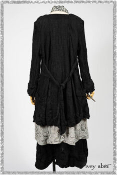 Mewland Jacket in Black Washed Crinkled Linen; Clotaire Sash in Ethereal Cream and Black Fleur Stretch Cotton; Mewland Vest in Beacon Black Embroidered Plaid on Petite Stripe; Mewland Skirt in Black Washed Crinkled Linen. Ivey Abitz bespoke clothing.