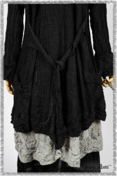 Mewland Jacket in Black Washed Crinkled Linen; Clotaire Sash in Ethereal Cream and Black Fleur Stretch Cotton; Mewland Vest in Beacon Black Embroidered Plaid on Petite Stripe; Mewland Skirt in Black Washed Crinkled Linen. Ivey Abitz bespoke clothing.
